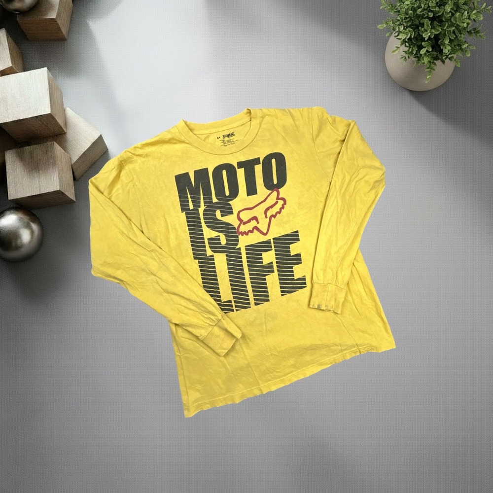 Vintage Fox Racing Moto Is Life Yellow Long Sleeve Graphic T-Shirt Mens Medium